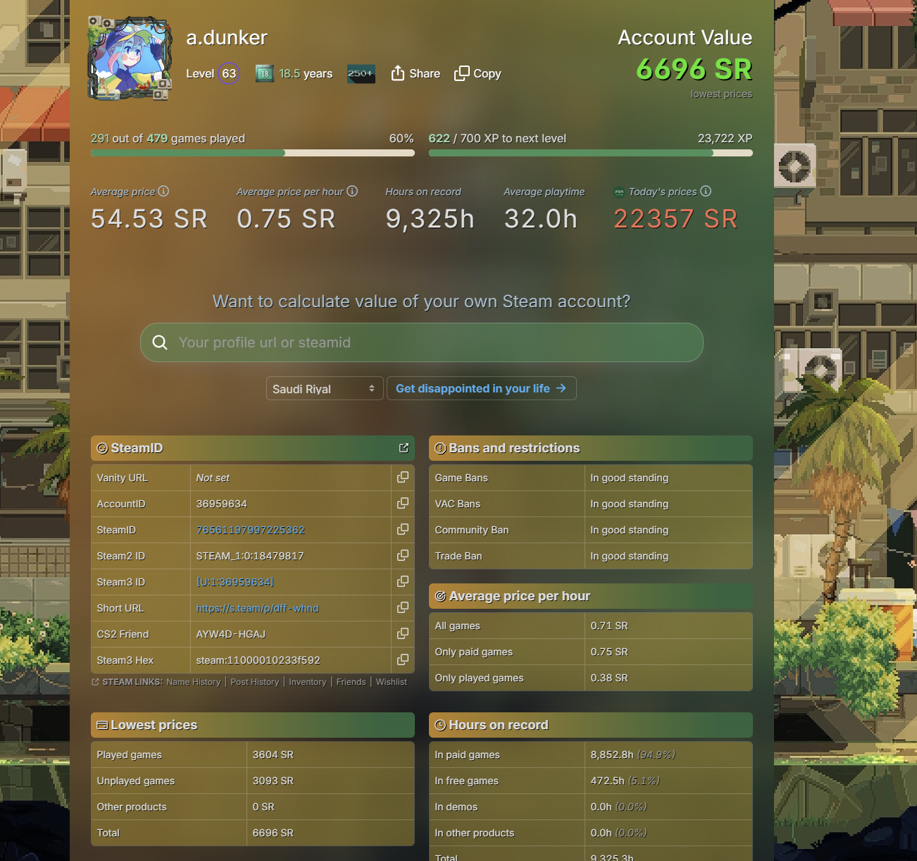 حساب ستيم خاص (18 YRS) (LVL 63) 481  لعبة ( قيمة الالعاب $13144)