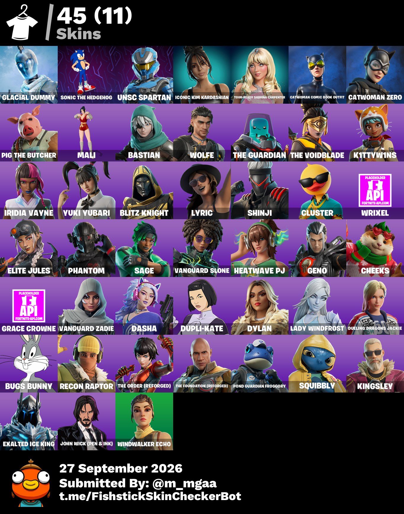 [PC] 45 skins | Glacial Dummy | Sonic the Hedgehog | UNSC Spartan | Iconic Kim Kardashian | Tour-Ready Sabrina Carpenter | 1600 VB